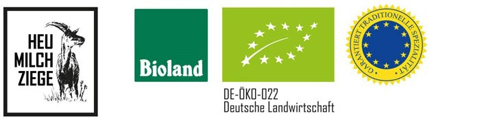 Logos: Heumilchziege, Biolandsiegel, DE-oeko-002, Garatiert traditionelle Spezialität